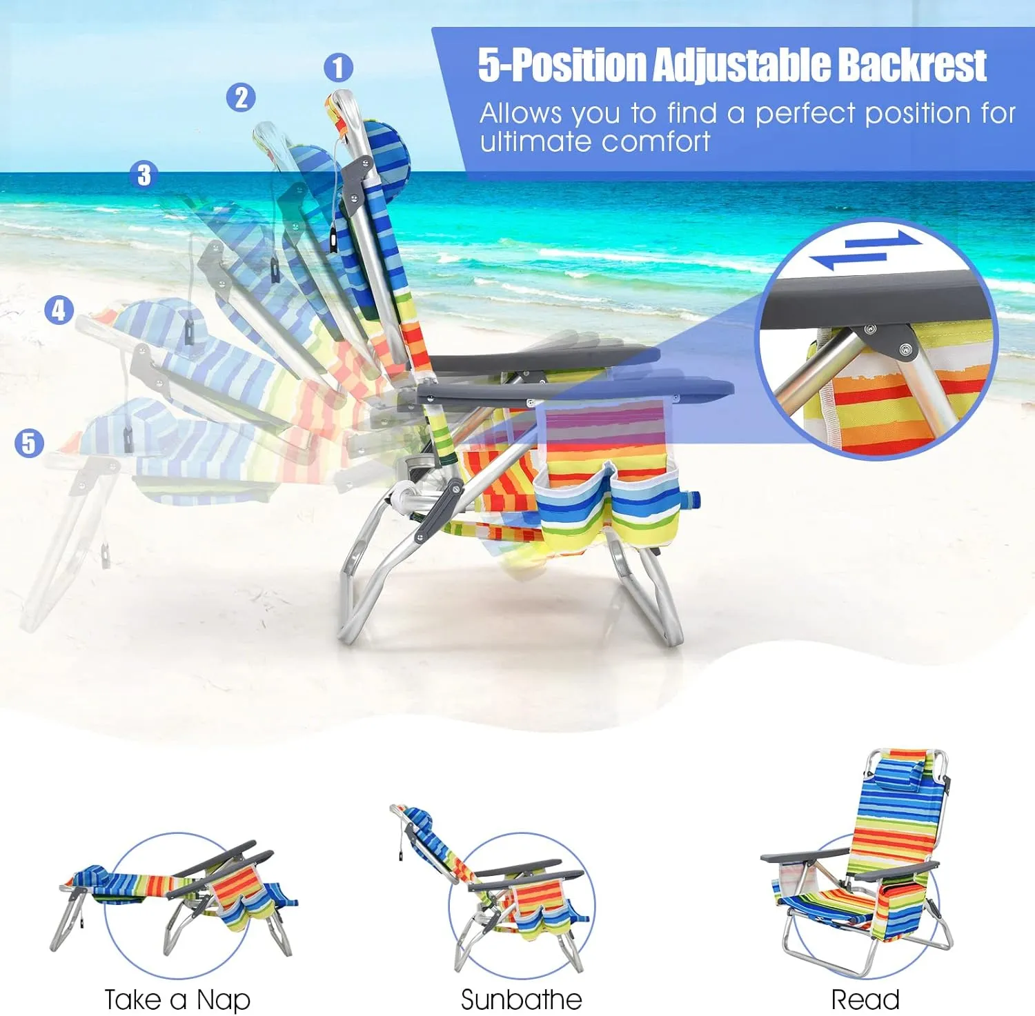 Backpack Beach Chairs Set, 5-Position Lawn Chair & Small Aluminum Table w/Cup Holder, Cooler Bag, Heavy Duty Lay Flat Folding Camping Chairs 3PCS for Fishing & Sunbathing
