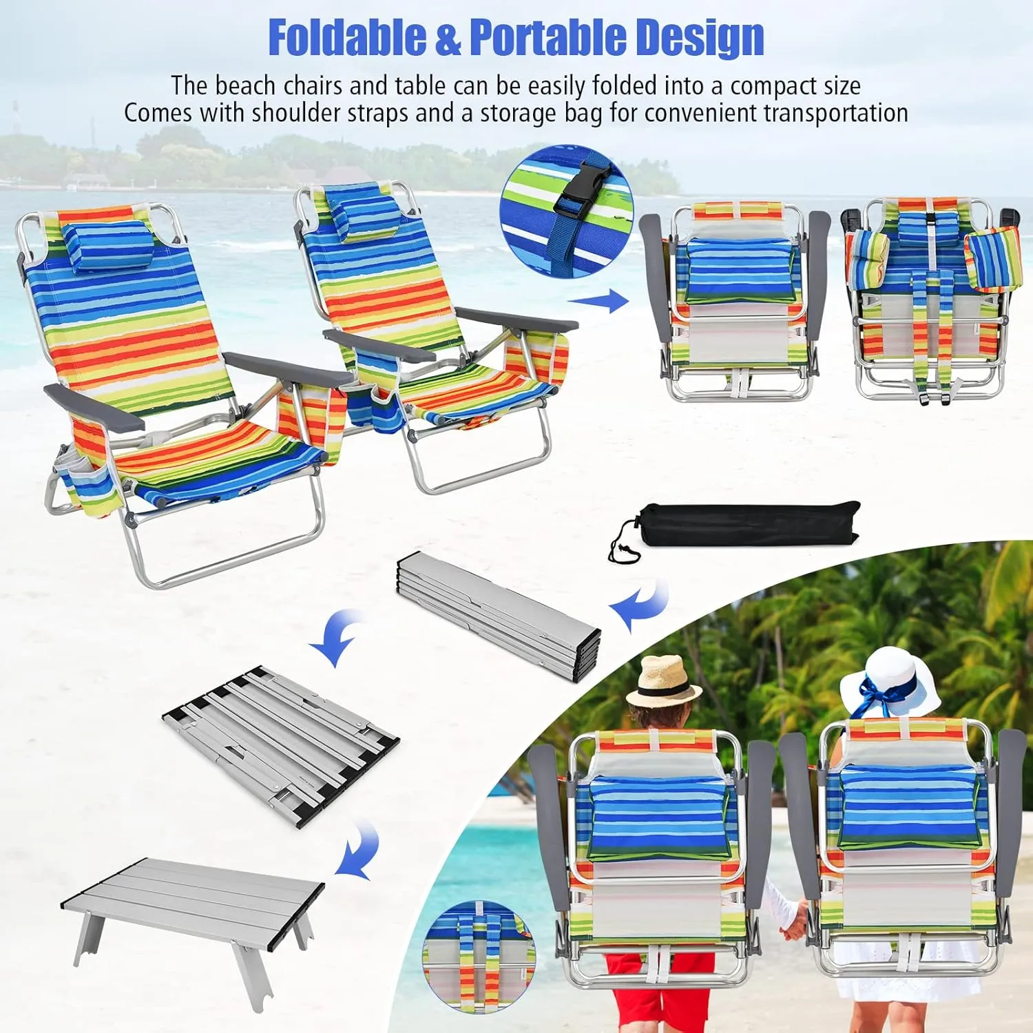 Backpack Beach Chairs Set, 5-Position Lawn Chair & Small Aluminum Table w/Cup Holder, Cooler Bag, Heavy Duty Lay Flat Folding Camping Chairs 3PCS for Fishing & Sunbathing
