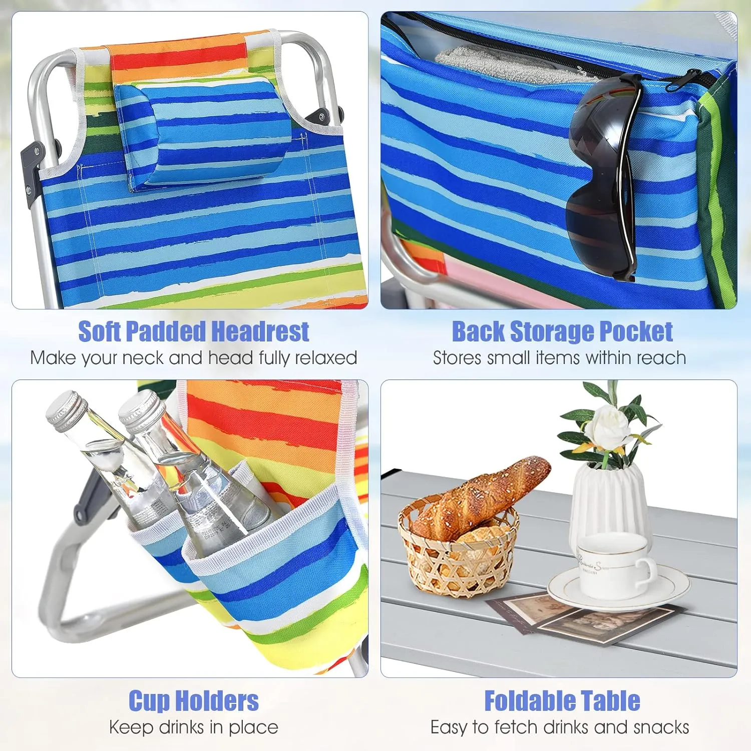 Backpack Beach Chairs Set, 5-Position Lawn Chair & Small Aluminum Table w/Cup Holder, Cooler Bag, Heavy Duty Lay Flat Folding Camping Chairs 3PCS for Fishing & Sunbathing