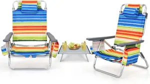 Backpack Beach Chairs Set, 5-Position Lawn Chair & Small Aluminum Table w/Cup Holder, Cooler Bag, Heavy Duty Lay Flat Folding Camping Chairs 3PCS for Fishing & Sunbathing
