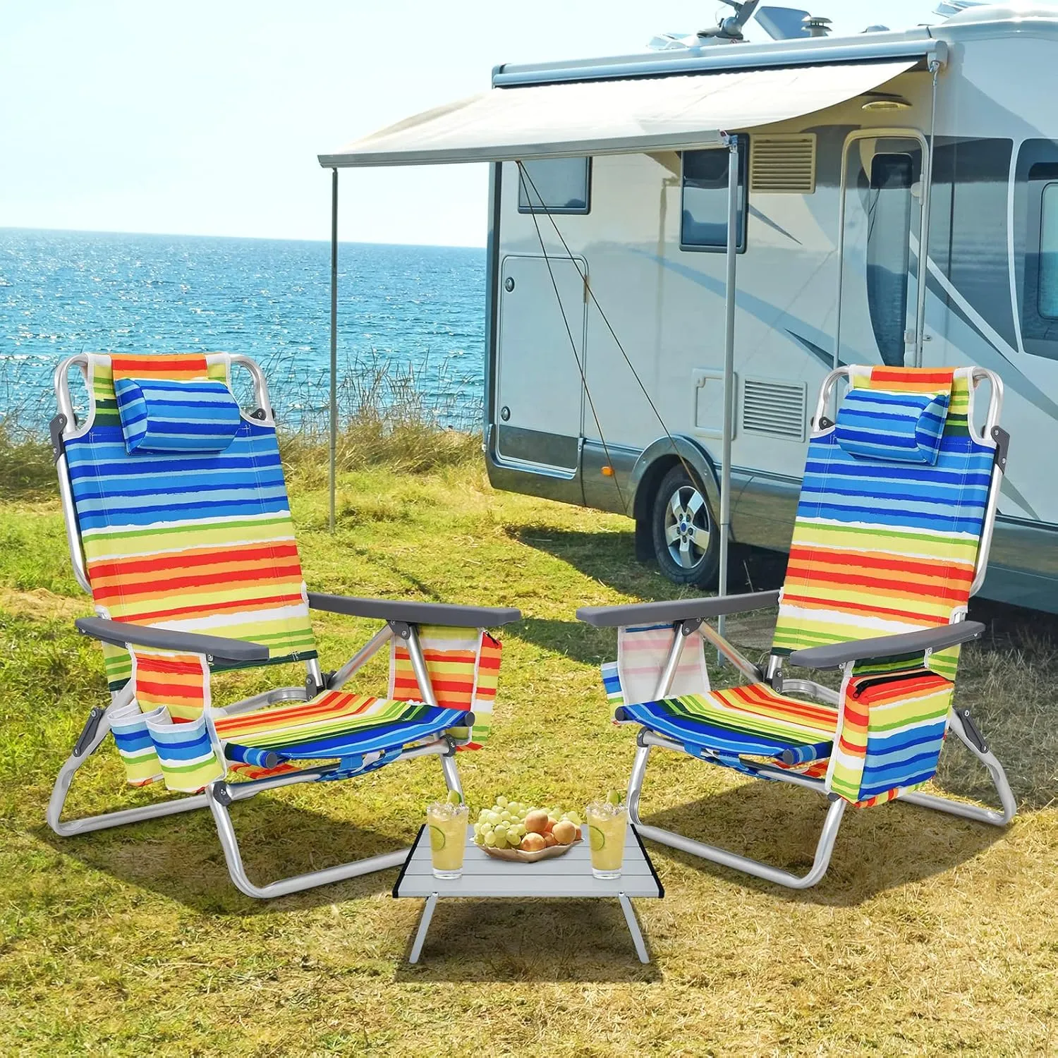 Backpack Beach Chairs Set, 5-Position Lawn Chair & Small Aluminum Table w/Cup Holder, Cooler Bag, Heavy Duty Lay Flat Folding Camping Chairs 3PCS for Fishing & Sunbathing