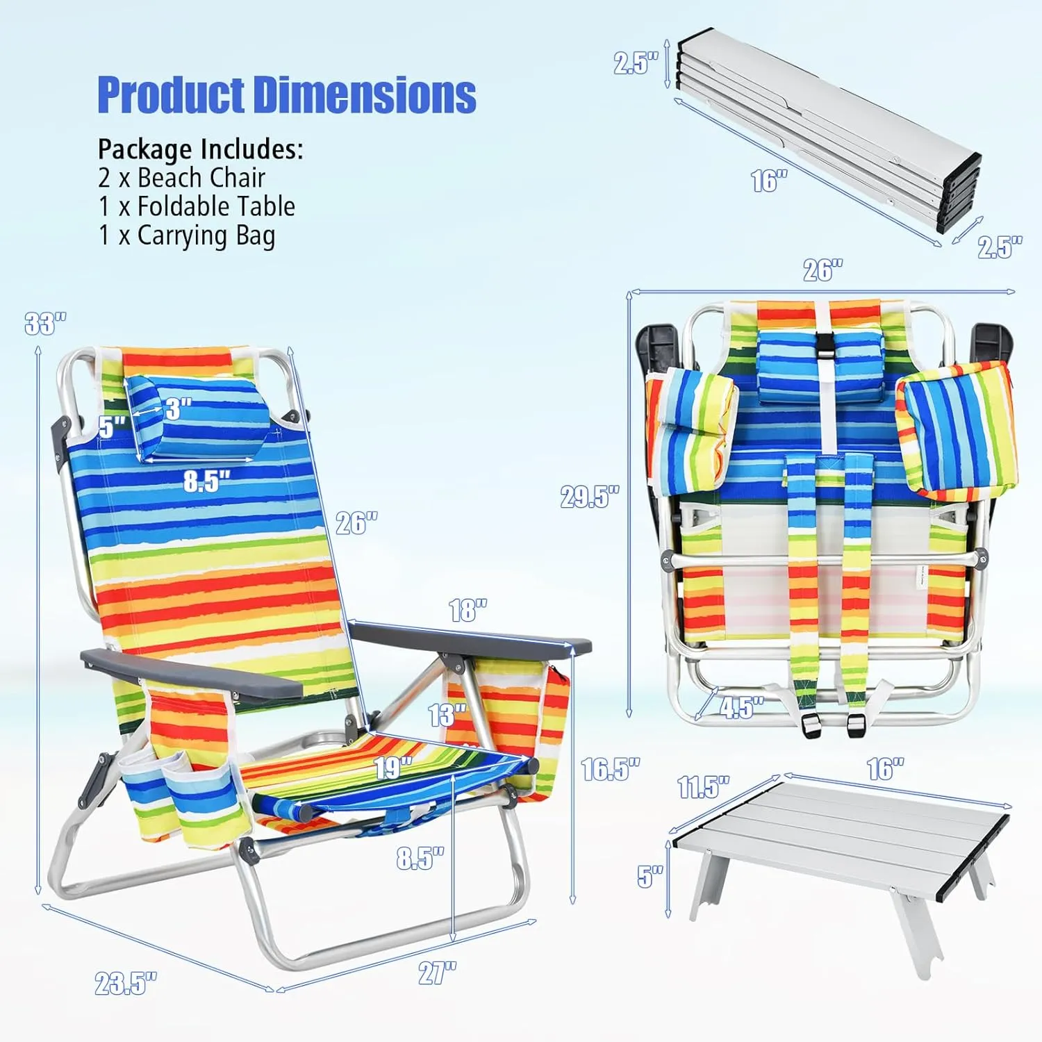 Backpack Beach Chairs Set, 5-Position Lawn Chair & Small Aluminum Table w/Cup Holder, Cooler Bag, Heavy Duty Lay Flat Folding Camping Chairs 3PCS for Fishing & Sunbathing