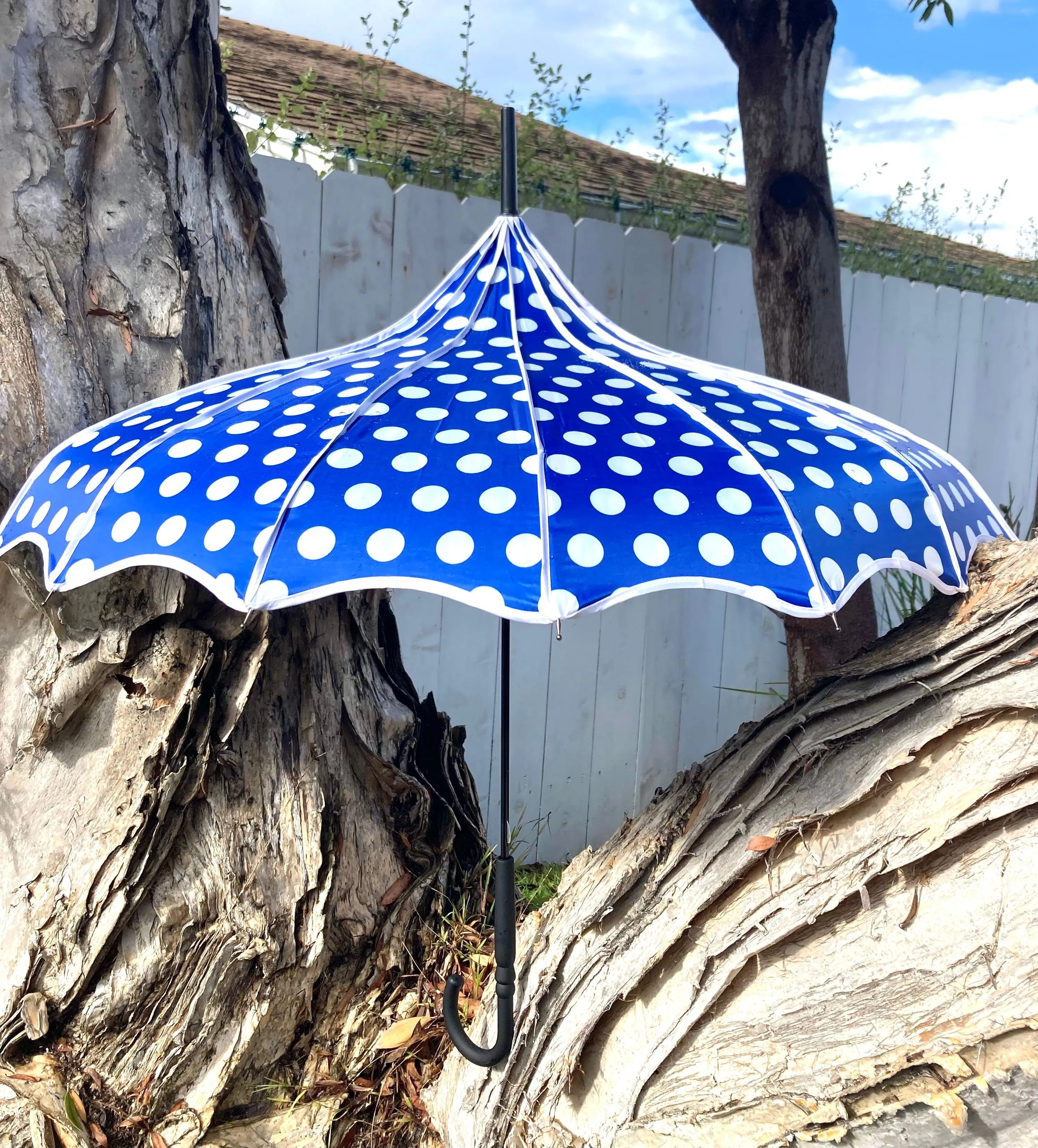 Bailey Blue Blackout Umbrella | Anti-UV Pagoda Style | Large Polka Dots