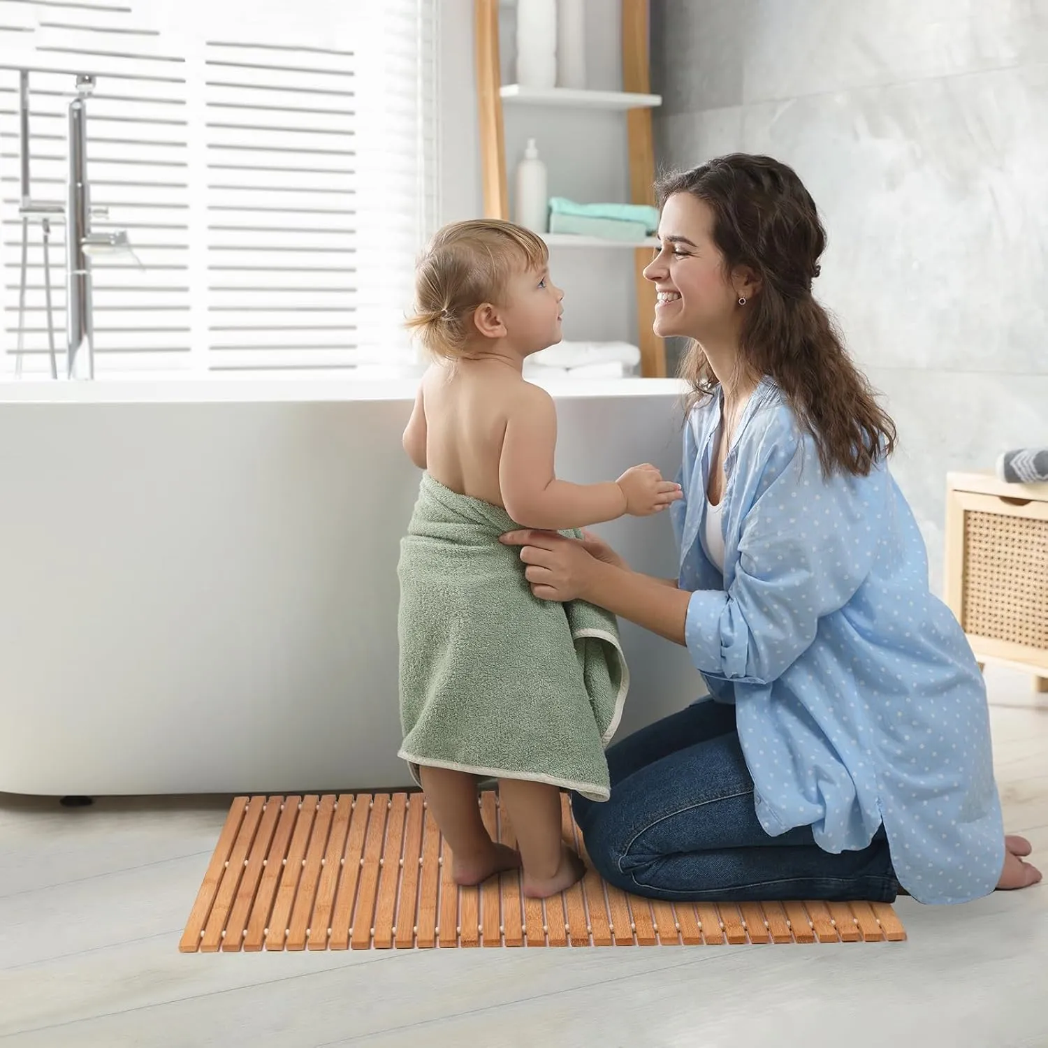 Bamboo Bath Mat Bathroom Runner Long Large Rugs Floor Wood Shower Bathtub Waterproof Non Slip Accessories 16x34 Inch Easy to Clean, Natural Bamboo, 1 pc
