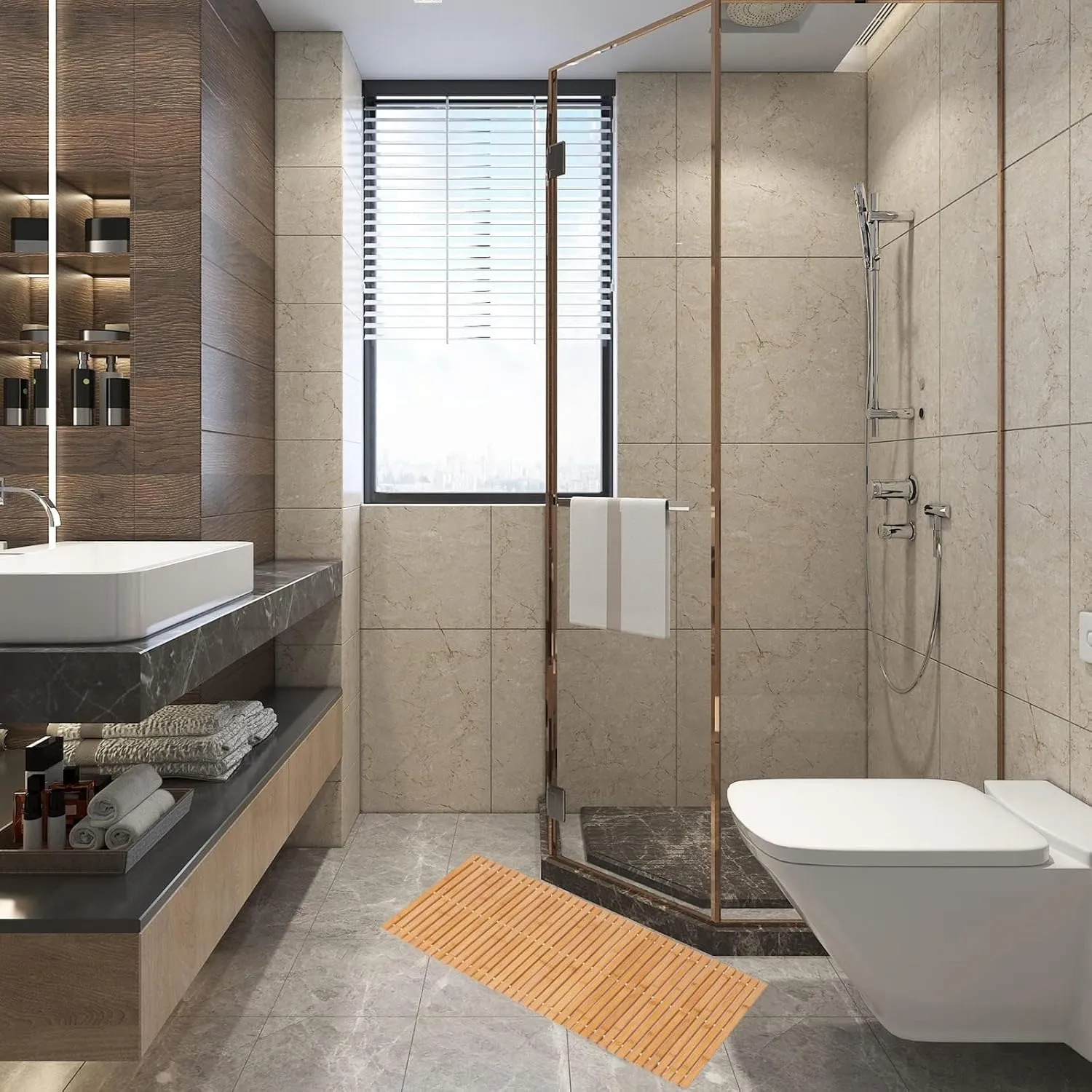 Bamboo Bath Mat Bathroom Runner Long Large Rugs Floor Wood Shower Bathtub Waterproof Non Slip Accessories 16x34 Inch Easy to Clean, Natural Bamboo, 1 pc