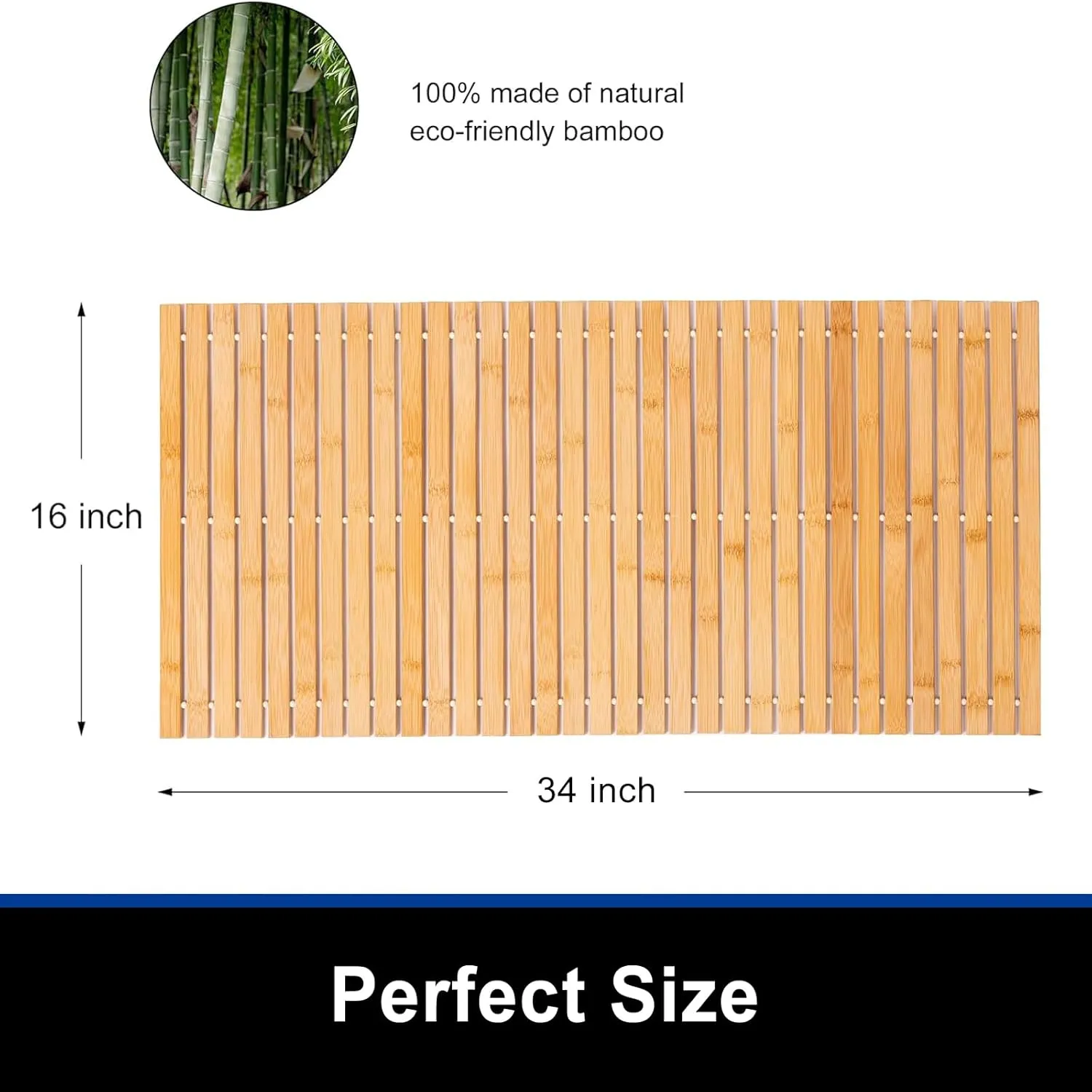 Bamboo Bath Mat Bathroom Runner Long Large Rugs Floor Wood Shower Bathtub Waterproof Non Slip Accessories 16x34 Inch Easy to Clean, Natural Bamboo, 1 pc