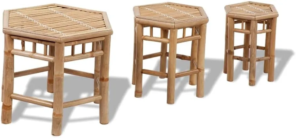 Bamboo Patio Stools Set of 3 Outdoor Lounge Chairs, Hexagonal Design, Foldable Bamboo Chairs for Garden, Patio, and Outdoor Dining, Comfortable Cushions Included for Added Relaxation