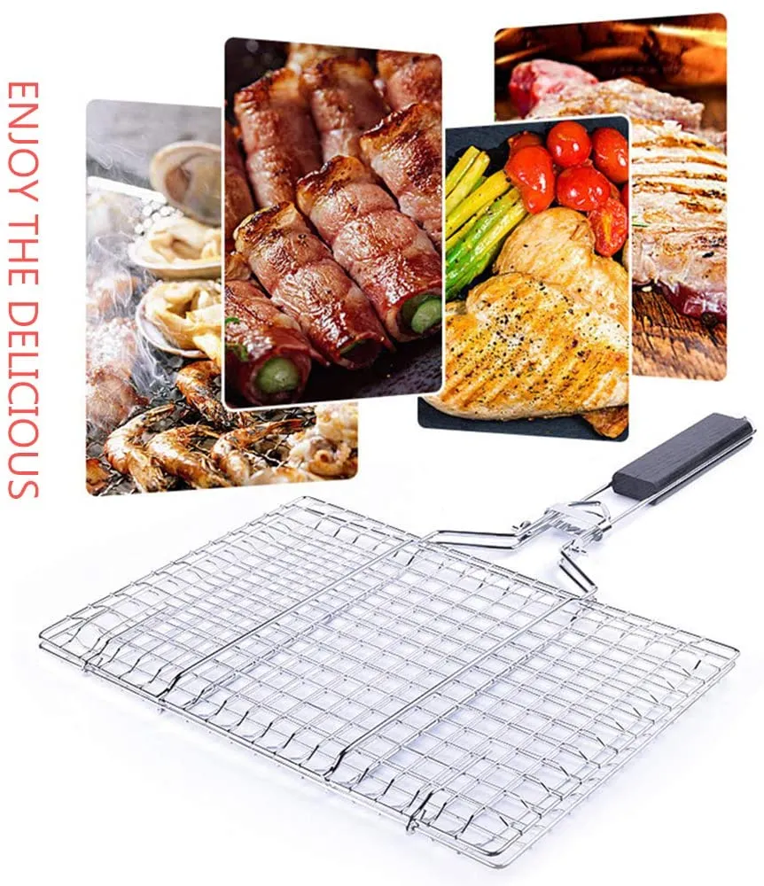 Barbecue Grill Basket, Foldable Non Stick Stainless Steel Wire Mesh Net Clip for Fish Vegetables Meat Steak Shrimp Chops