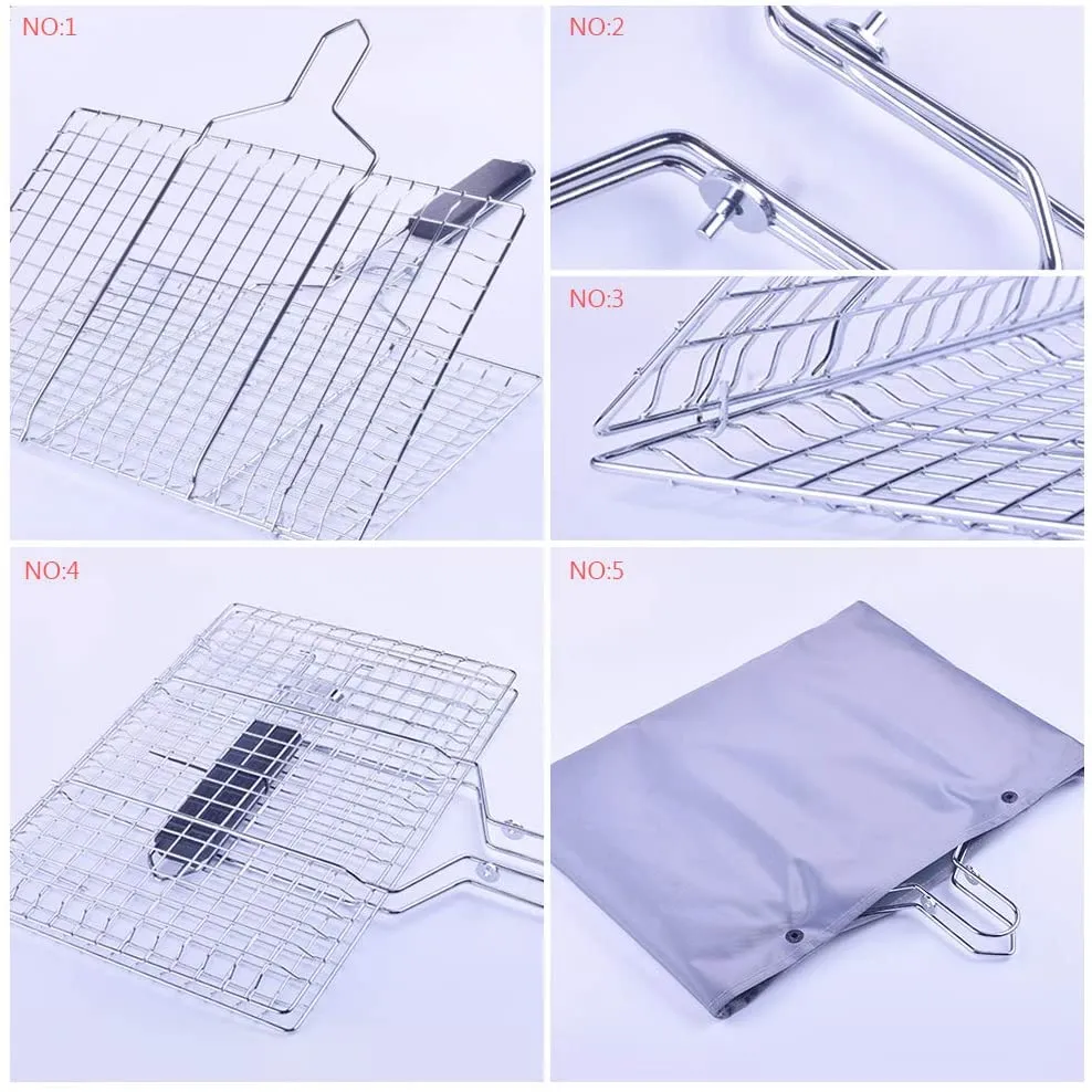 Barbecue Grill Basket, Foldable Non Stick Stainless Steel Wire Mesh Net Clip for Fish Vegetables Meat Steak Shrimp Chops