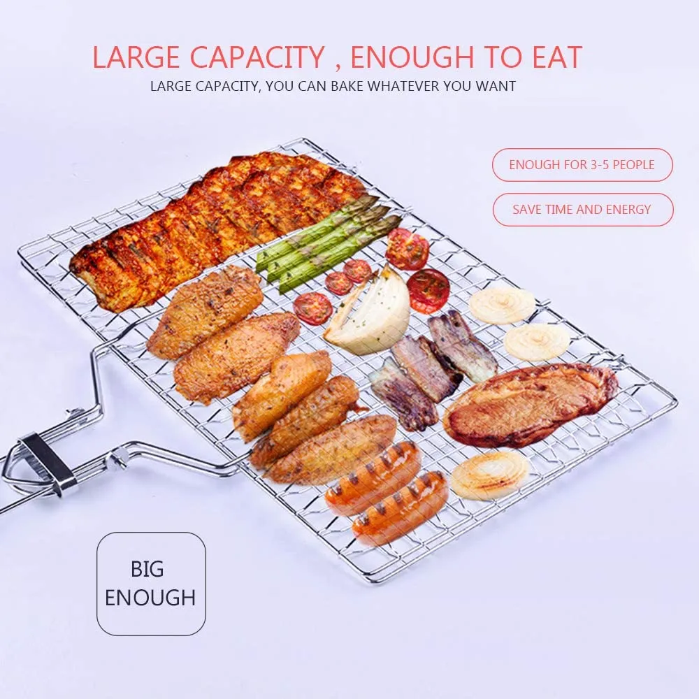 Barbecue Grill Basket, Foldable Non Stick Stainless Steel Wire Mesh Net Clip for Fish Vegetables Meat Steak Shrimp Chops