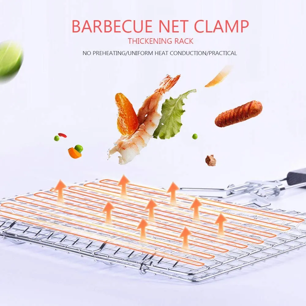 Barbecue Grill Basket, Foldable Non Stick Stainless Steel Wire Mesh Net Clip for Fish Vegetables Meat Steak Shrimp Chops