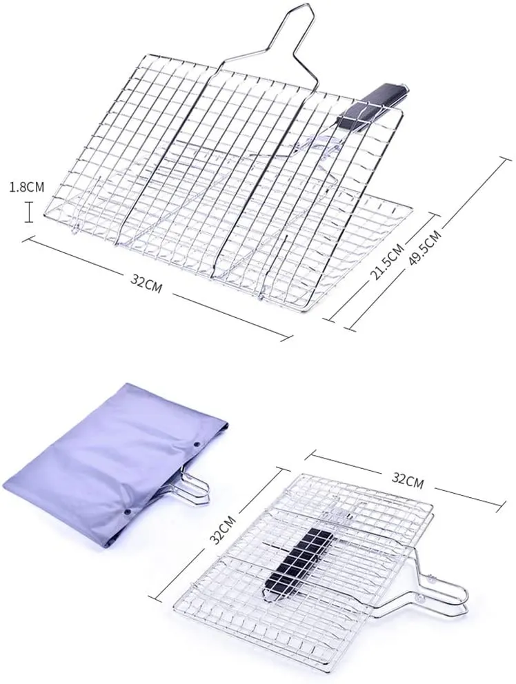 Barbecue Grill Basket, Foldable Non Stick Stainless Steel Wire Mesh Net Clip for Fish Vegetables Meat Steak Shrimp Chops
