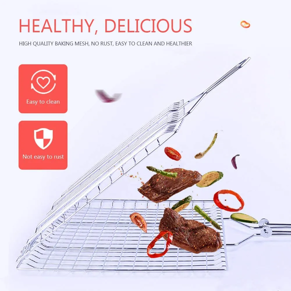 Barbecue Grill Basket, Foldable Non Stick Stainless Steel Wire Mesh Net Clip for Fish Vegetables Meat Steak Shrimp Chops