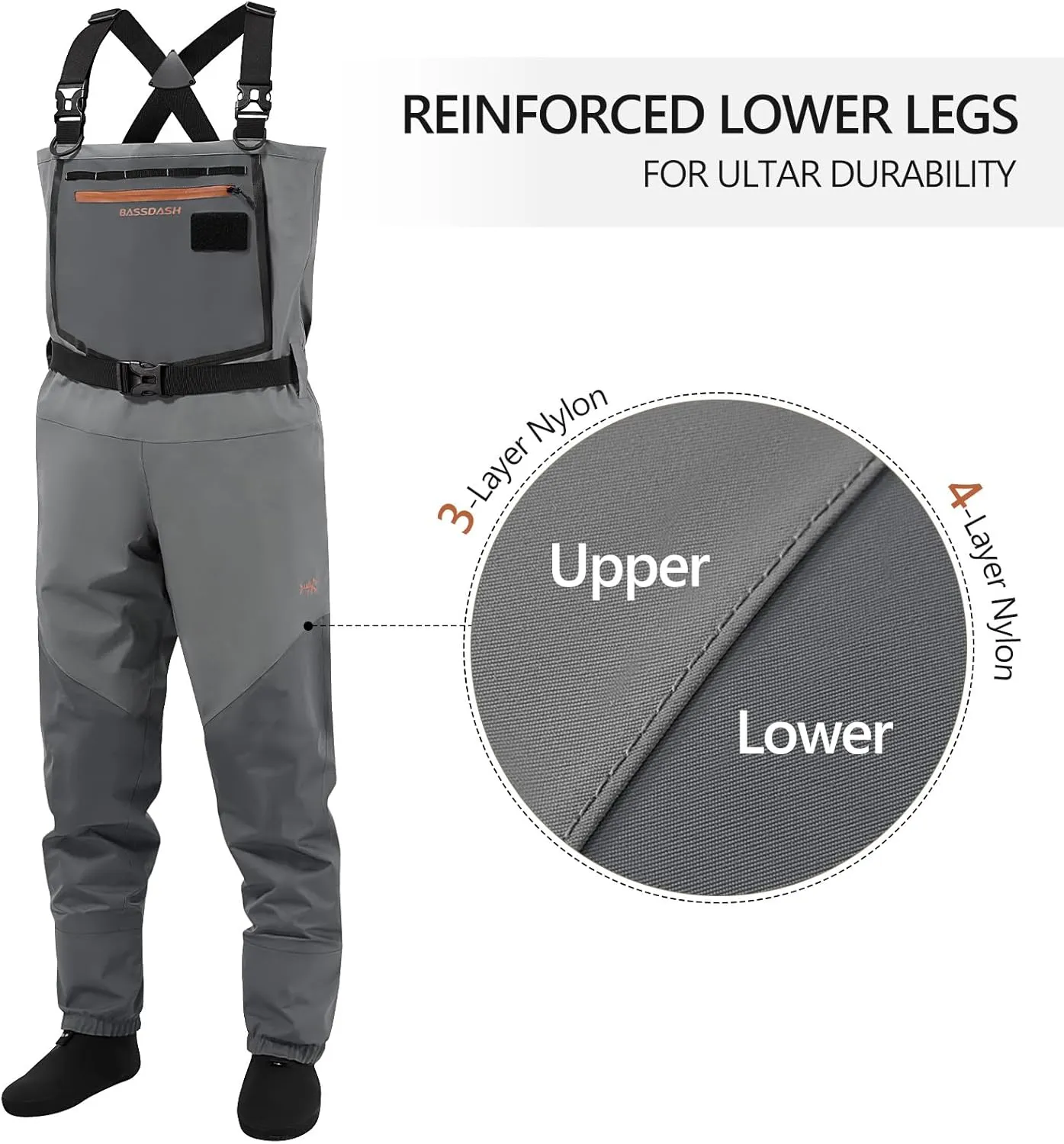 BASSDASH Flex Men’s Nylon Breathable Chest Waders Waterproof Fly Fishing Stocking Foot for Hunting Lightweight