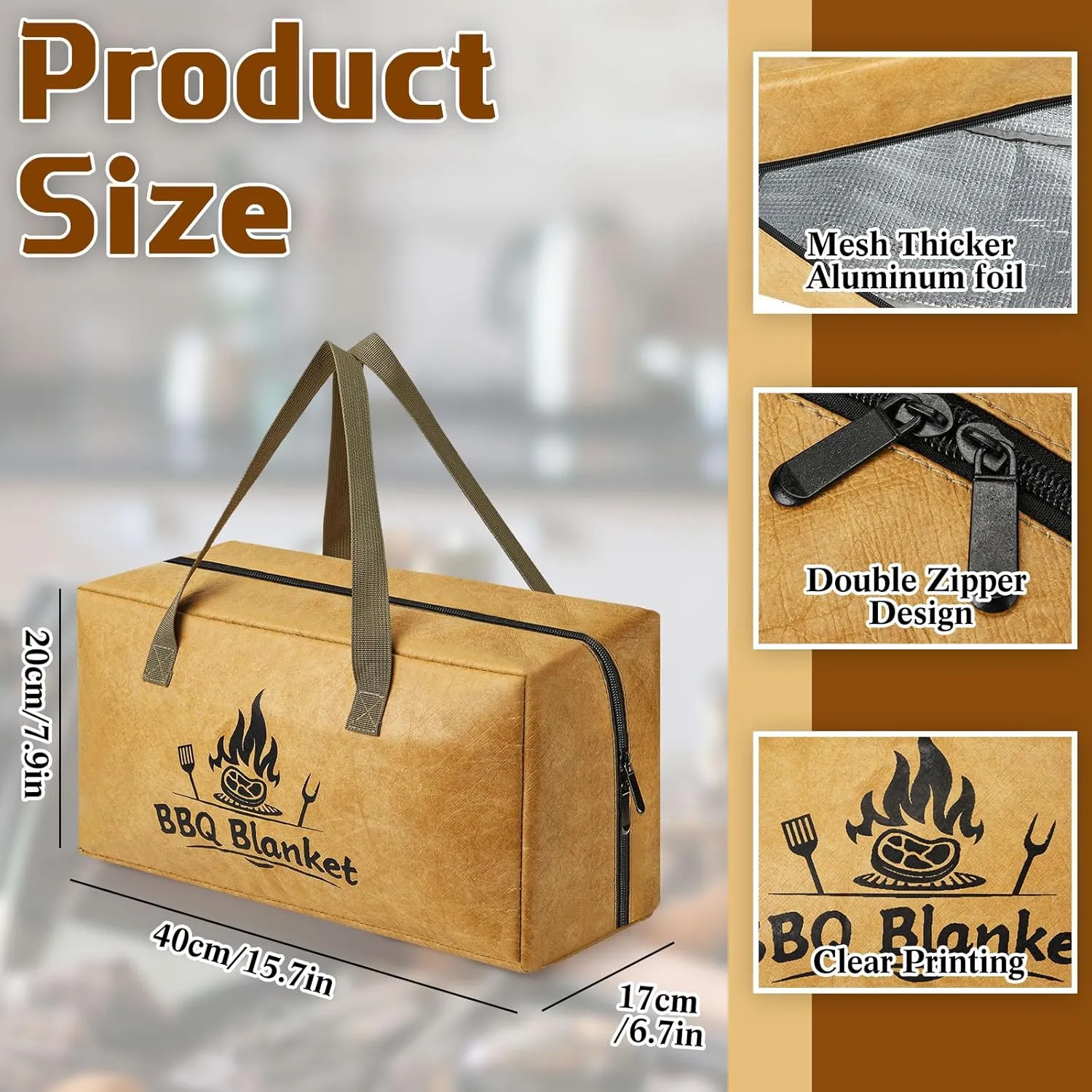 BBQ Blanket for Resting Meat Insulated Meat Resting Blanket with Dual Zipper and Handle Aluminum Foil Bag Reusable BBQ Bag for Men Gift Brisket Pork Shoulders Turkeys(Brown)