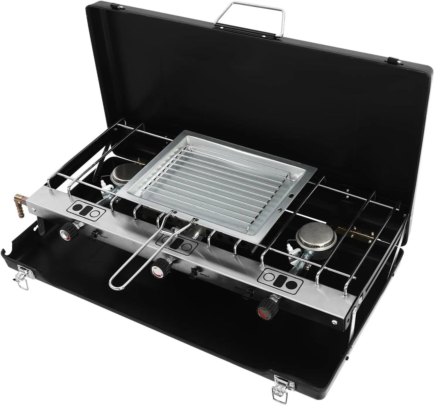BBQ Cooking Grill, Tabletop 2-in-1 Stove with 3 Adjustable Burners, Portable Cold-Rolled Sheet Gas Griddle, Folding Table Griddle with Windscreen in Black for Kitchen, Picnic Camping or Outdoor Hiking