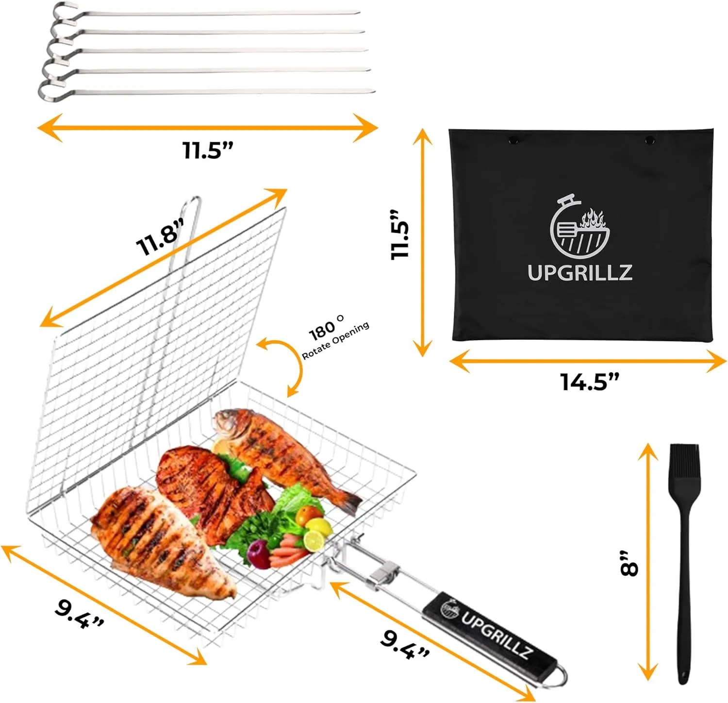 BBQ Fish Grill Basket for Outdoor Grill, Stainless Steel Vegetable Grilling Basket with Detachable and Foldable Handle Includes 5 Stainless Steel skewers, basting Brush, and Carry Bag