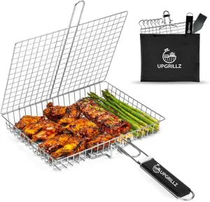 BBQ Fish Grill Basket for Outdoor Grill, Stainless Steel Vegetable Grilling Basket with Detachable and Foldable Handle Includes 5 Stainless Steel skewers, basting Brush, and Carry Bag