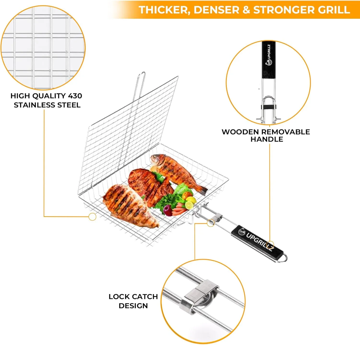BBQ Fish Grill Basket for Outdoor Grill, Stainless Steel Vegetable Grilling Basket with Detachable and Foldable Handle Includes 5 Stainless Steel skewers, basting Brush, and Carry Bag