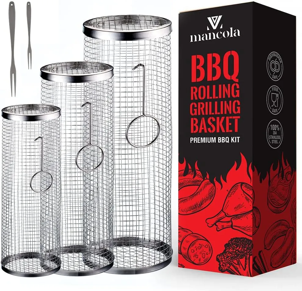 BBQ Net Tube-Rolling Grilling Basket,Rolling Grilling Baskets for Outdoor Grilling,Round Stainless Steel BBQ Grill Mesh, Camping Barbecue Rack for Vegetables, French Fries, Fish