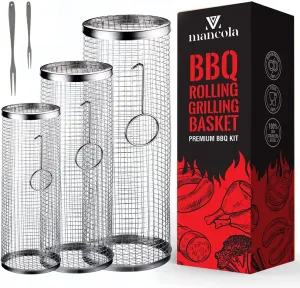 BBQ Net Tube-Rolling Grilling Basket,Rolling Grilling Baskets for Outdoor Grilling,Round Stainless Steel BBQ Grill Mesh, Camping Barbecue Rack for Vegetables, French Fries, Fish