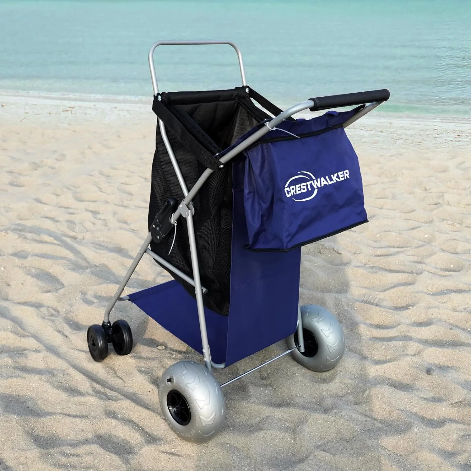 Beach Cart with Balloon Wheels, Holds 4 Folding Chairs, Collapsible Wheeler with Big Wheels for Sand, Pump Included