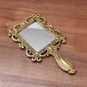 Beautifully Carved Square Shape Gold Plating Metal Hand Mirror for Makeup, Travelling, Salon Mirror & Decorative Antique Item, Framed