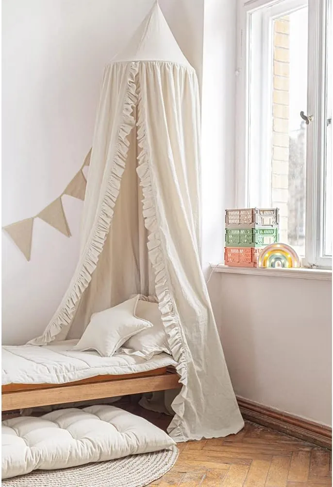 Bed Canopy with Frills Reading Nook Game Tent for Kids Boho Hanging Net Play Room Decor(Beige)