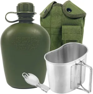 BeGrit Military Canteen Army Canteen WWII US G.I. Style Canteen Kit with Aluminum Cup Stainless Steel Foldable Spoon Fork for Hiking Backpacking Camping, 1 Quart Green