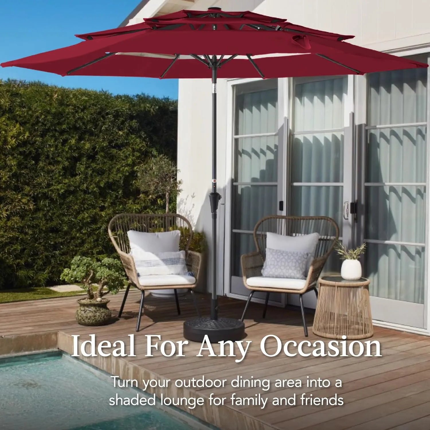 Best Choice Products 10ft 3-Tier Market Patio Umbrella, Outdoor Sun Shade with Tilt, Crank Lift, 8 Ribs for Backyard, Deck, Poolside – Burgundy