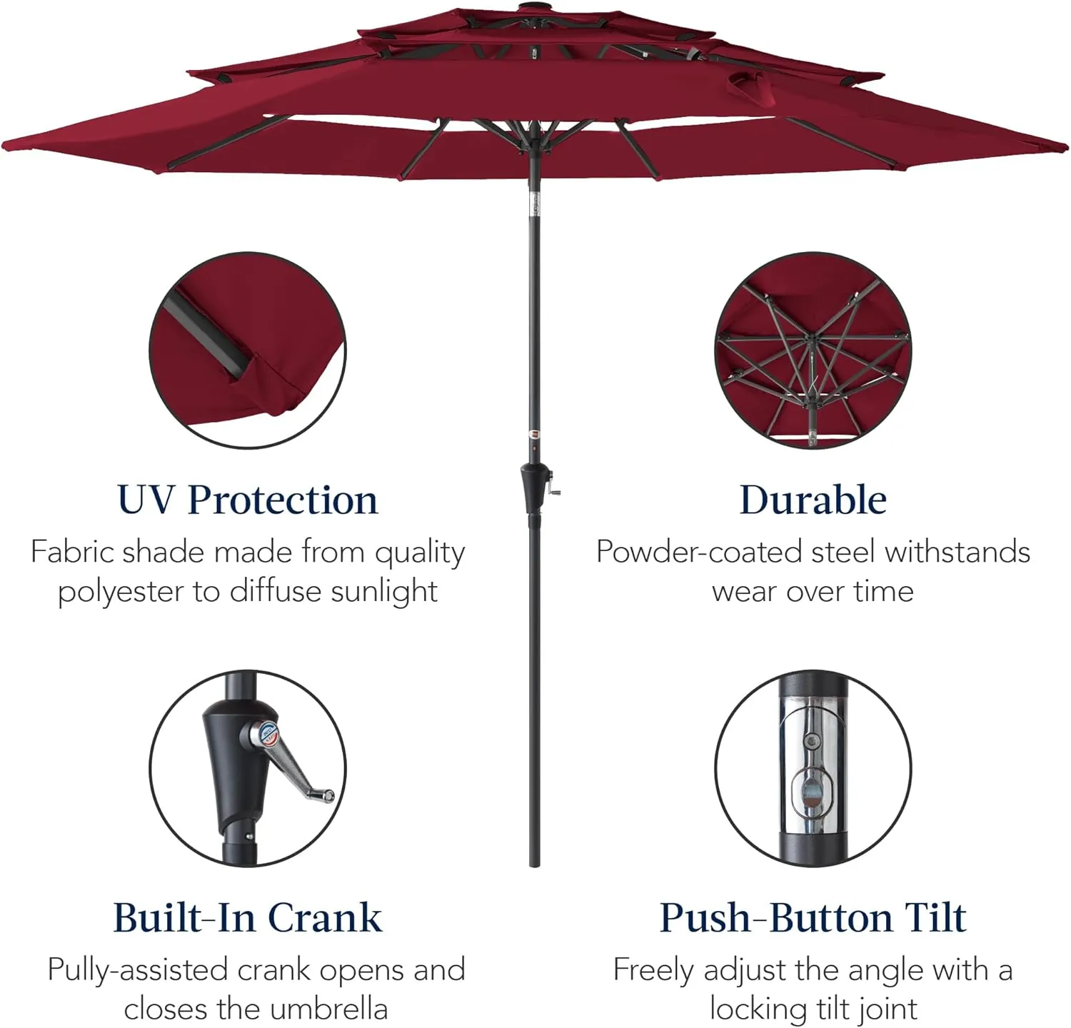 Best Choice Products 10ft 3-Tier Market Patio Umbrella, Outdoor Sun Shade with Tilt, Crank Lift, 8 Ribs for Backyard, Deck, Poolside – Burgundy