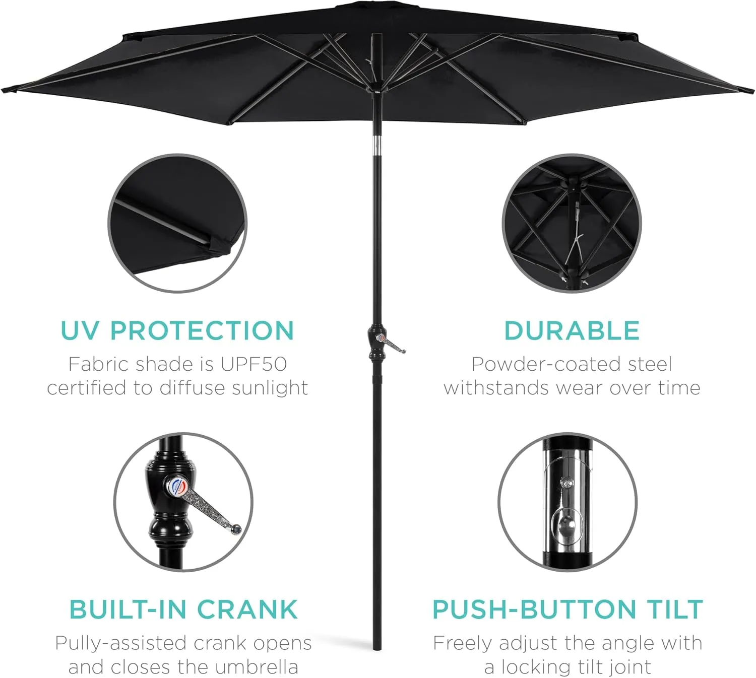 Best Choice Products 10ft Outdoor Steel Polyester Market Patio Umbrella w/Crank, Easy Push Button, Tilt, Table Compatible - Black