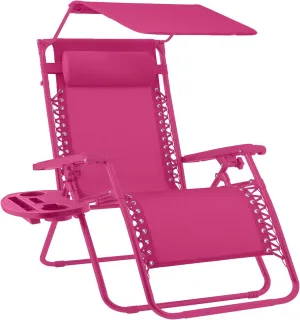 Best Choice Products Folding Zero Gravity Outdoor Recliner Patio Lounge Chair w/Adjustable Canopy Shade, Headrest, Side Accessory Tray, Textilene Mesh - Hot Pink
