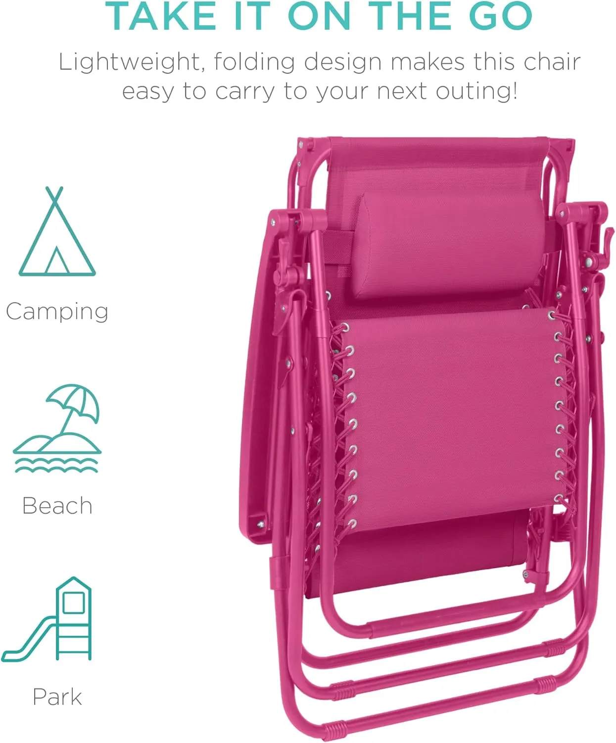 Best Choice Products Folding Zero Gravity Outdoor Recliner Patio Lounge Chair w/Adjustable Canopy Shade, Headrest, Side Accessory Tray, Textilene Mesh - Hot Pink