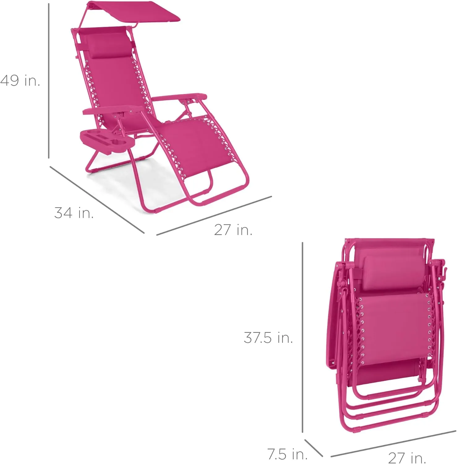 Best Choice Products Folding Zero Gravity Outdoor Recliner Patio Lounge Chair w/Adjustable Canopy Shade, Headrest, Side Accessory Tray, Textilene Mesh - Hot Pink