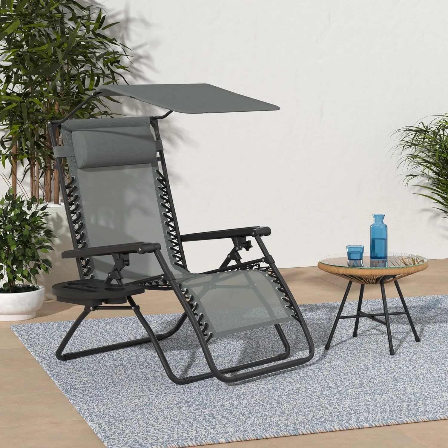 Best Choice Products Folding Zero Gravity Outdoor Recliner Patio Lounge Chair w/Adjustable Canopy Shade, Headrest, Side Accessory Tray, Textilene Mesh - Stardew