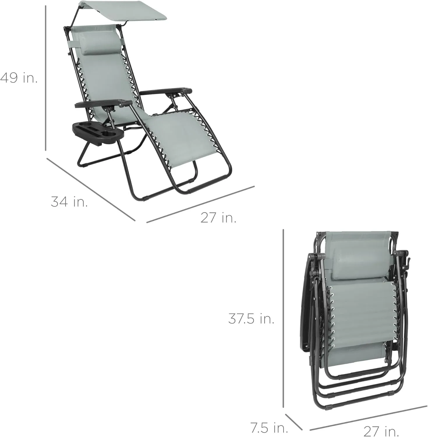 Best Choice Products Folding Zero Gravity Outdoor Recliner Patio Lounge Chair w/Adjustable Canopy Shade, Headrest, Side Accessory Tray, Textilene Mesh - Stardew