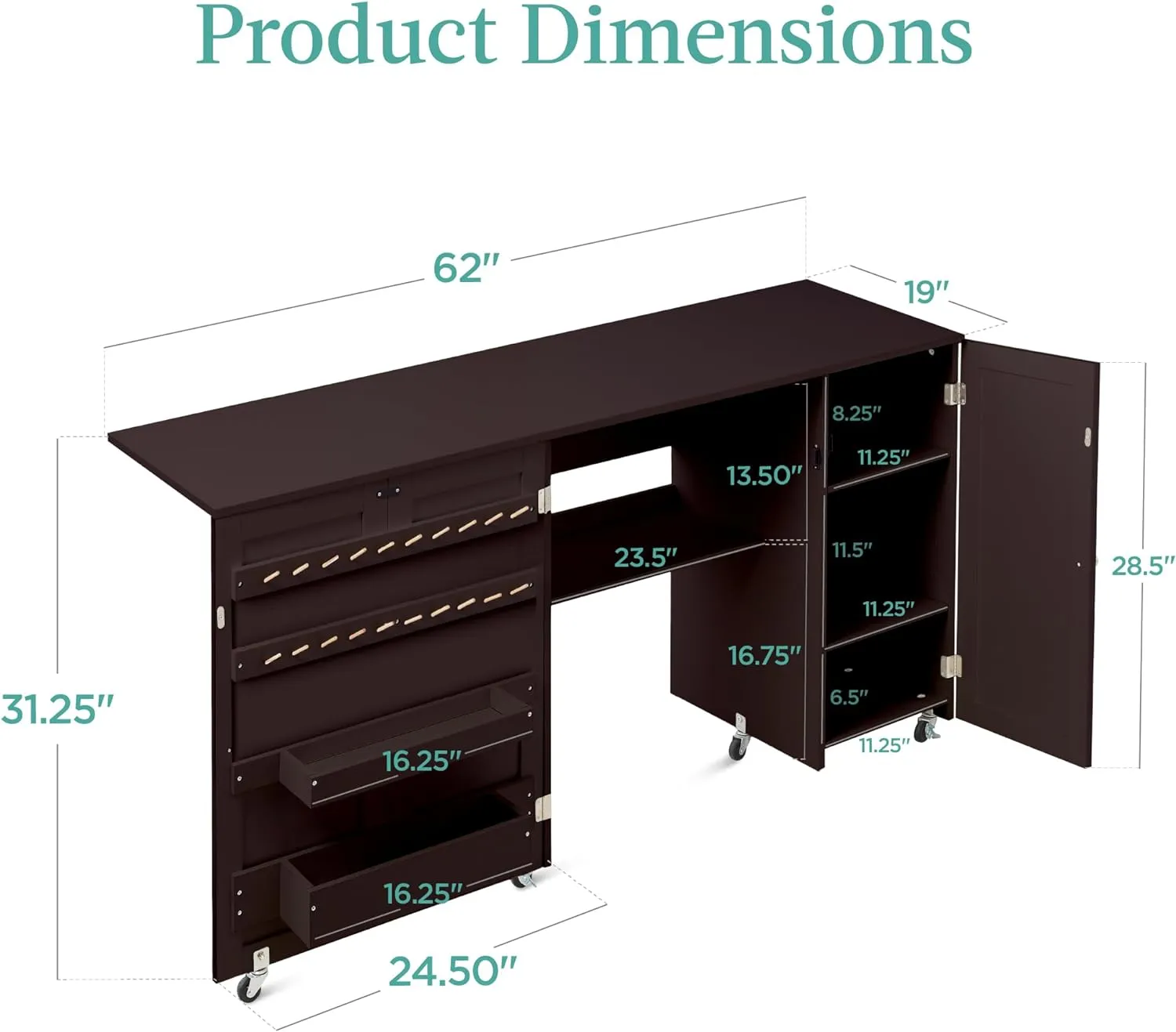 Best Choice Products Large Folding Sewing Table, Multipurpose Portable Craft Station & Side Desk w/Compact Design, Caster Wheels, Storage Shelves, 2 Storage Trays, Magnetic Doors - Brown