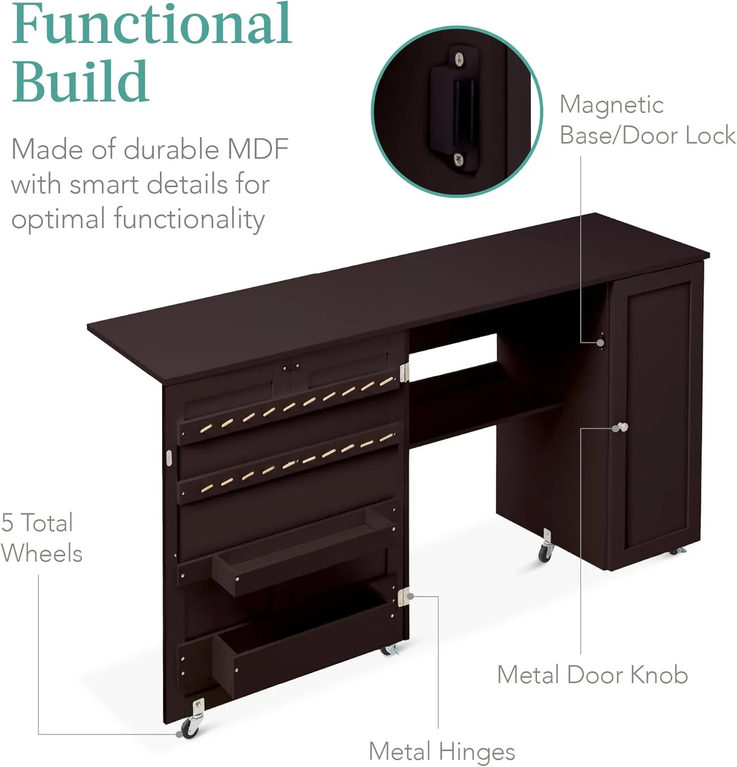 Best Choice Products Large Folding Sewing Table, Multipurpose Portable Craft Station & Side Desk w/Compact Design, Caster Wheels, Storage Shelves, 2 Storage Trays, Magnetic Doors - Brown