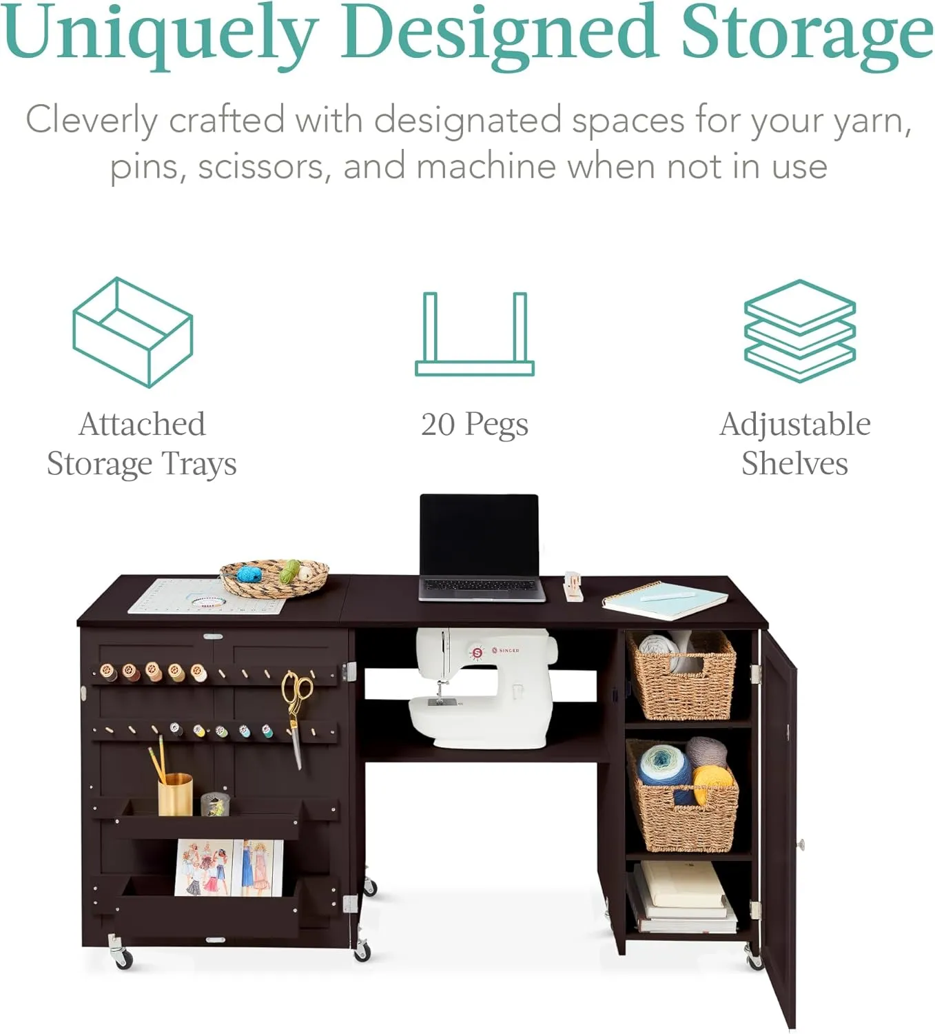 Best Choice Products Large Folding Sewing Table, Multipurpose Portable Craft Station & Side Desk w/Compact Design, Caster Wheels, Storage Shelves, 2 Storage Trays, Magnetic Doors - Brown