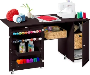 Best Choice Products Large Folding Sewing Table, Multipurpose Portable Craft Station & Side Desk w/Compact Design, Caster Wheels, Storage Shelves, 2 Storage Trays, Magnetic Doors - Brown