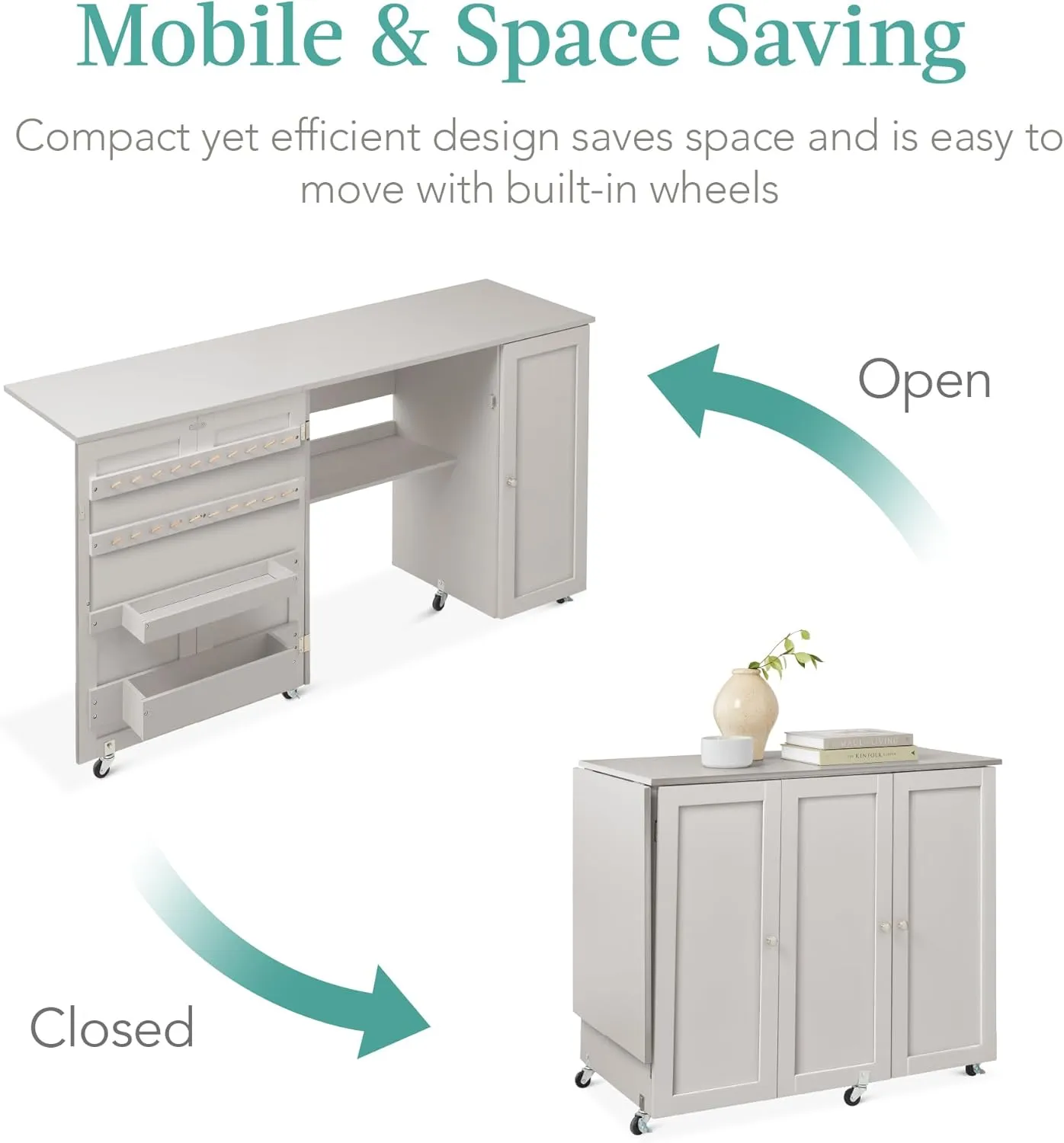 Best Choice Products Large Folding Sewing Table, Multipurpose Portable Craft Station & Side Desk w/Compact Design, Caster Wheels, Storage Shelves, 2 Storage Trays, Magnetic Doors - Gray