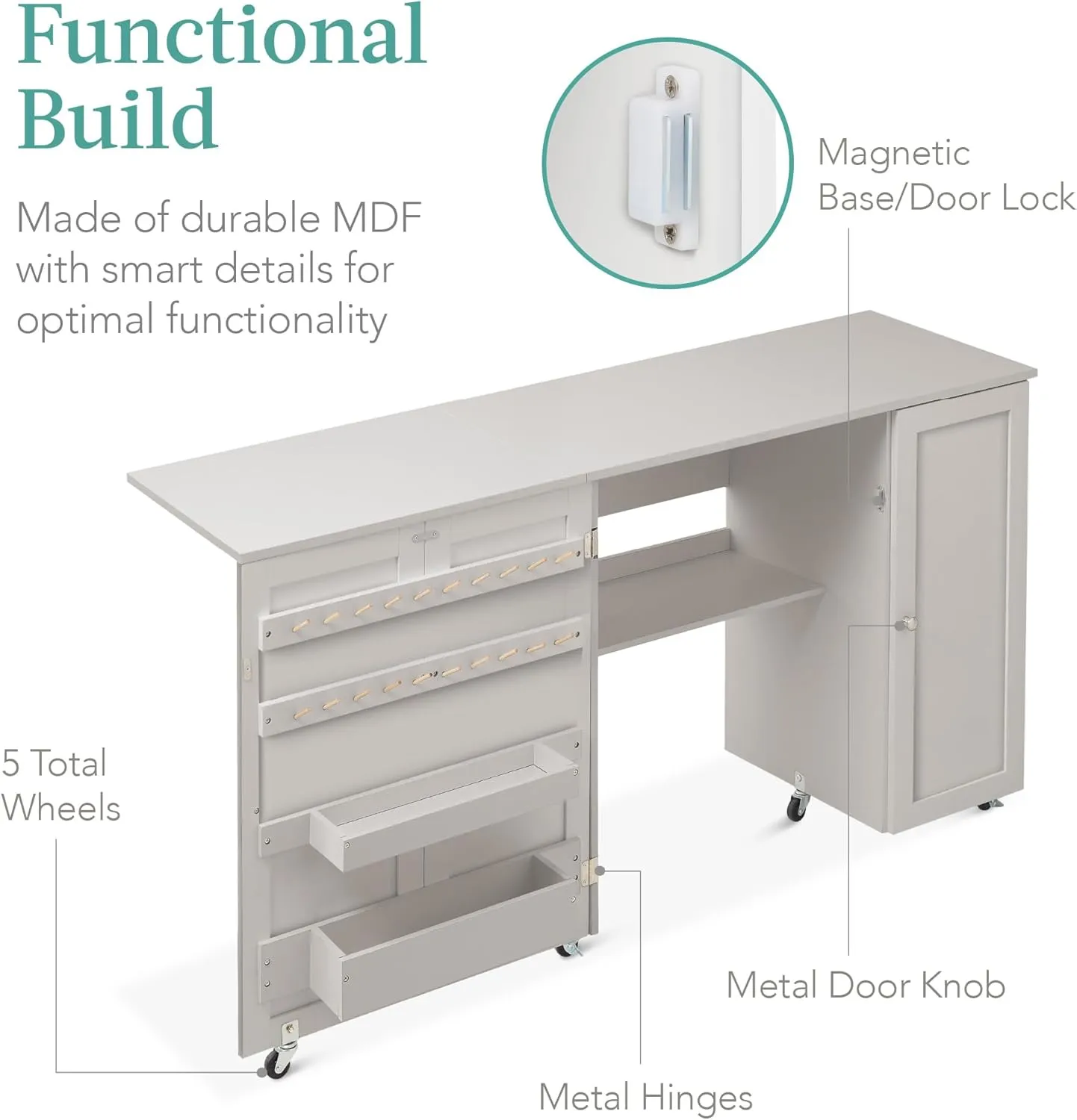 Best Choice Products Large Folding Sewing Table, Multipurpose Portable Craft Station & Side Desk w/Compact Design, Caster Wheels, Storage Shelves, 2 Storage Trays, Magnetic Doors - Gray