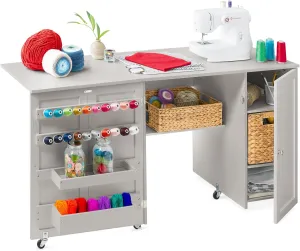 Best Choice Products Large Folding Sewing Table, Multipurpose Portable Craft Station & Side Desk w/Compact Design, Caster Wheels, Storage Shelves, 2 Storage Trays, Magnetic Doors - Gray