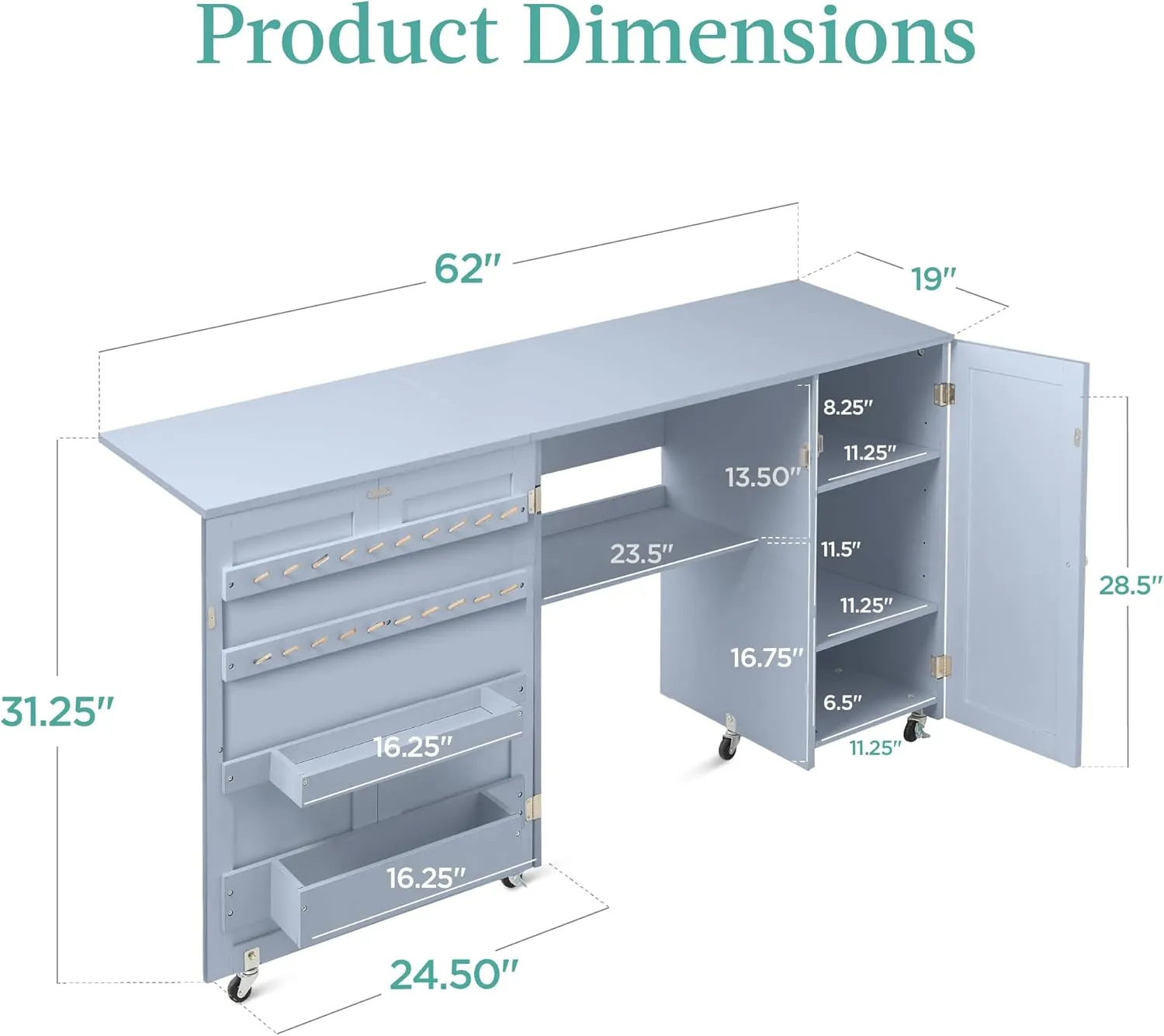 Best Choice Products Large Folding Sewing Table, Multipurpose Portable Craft Station & Side Desk w/Compact Design, Caster Wheels, Storage Shelves, 2 Storage Trays, Magnetic Doors - Light Blue