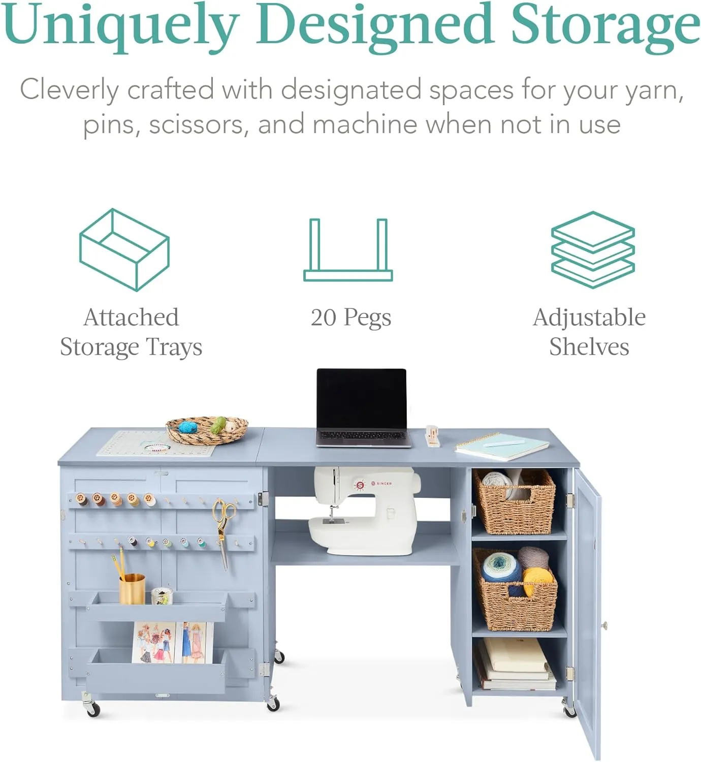 Best Choice Products Large Folding Sewing Table, Multipurpose Portable Craft Station & Side Desk w/Compact Design, Caster Wheels, Storage Shelves, 2 Storage Trays, Magnetic Doors - Light Blue