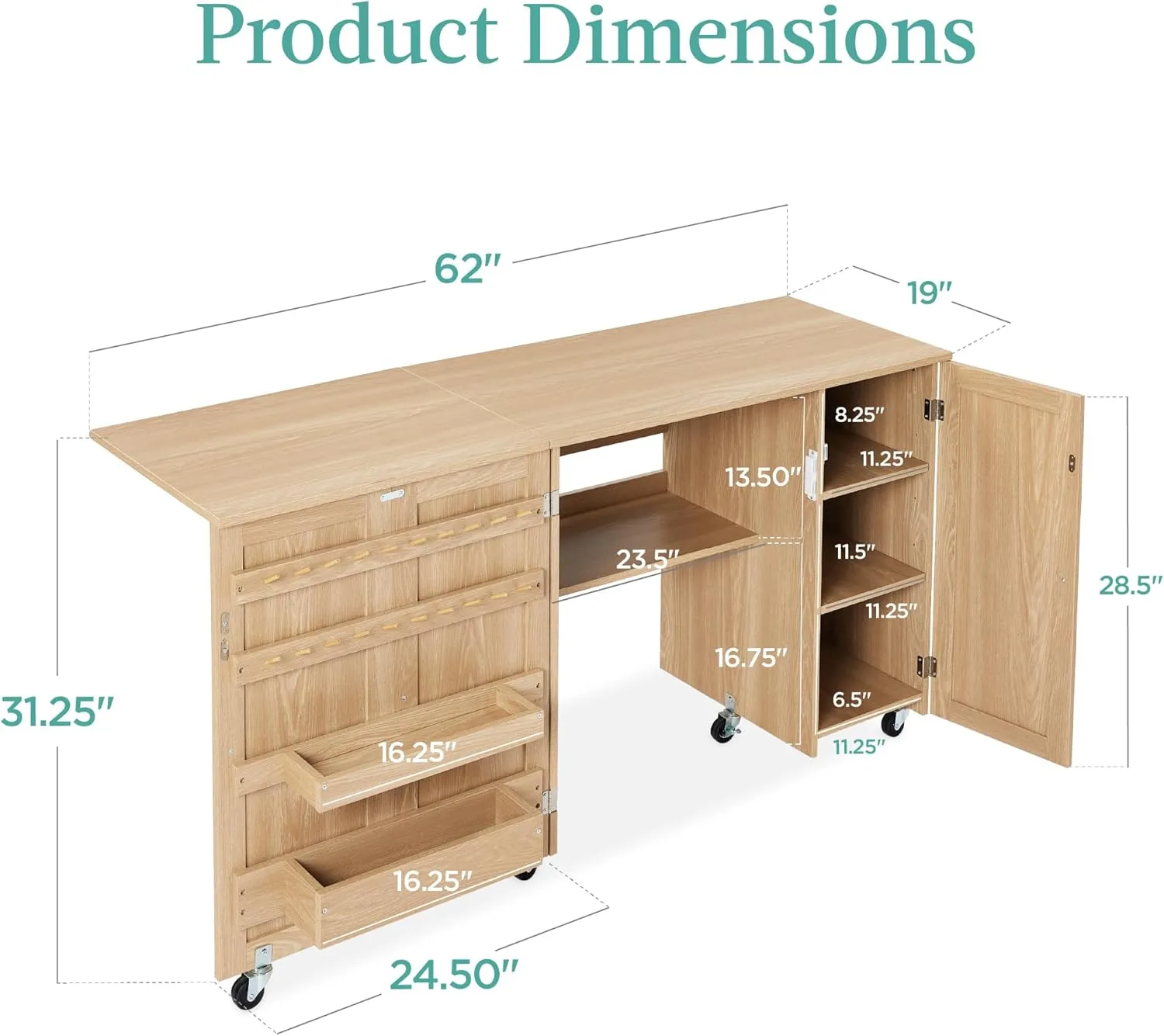 Best Choice Products Large Folding Sewing Table, Multipurpose Portable Craft Station & Side Desk w/Compact Design, Caster Wheels, Storage Shelves, 2 Storage Trays, Magnetic Doors - Light Brown