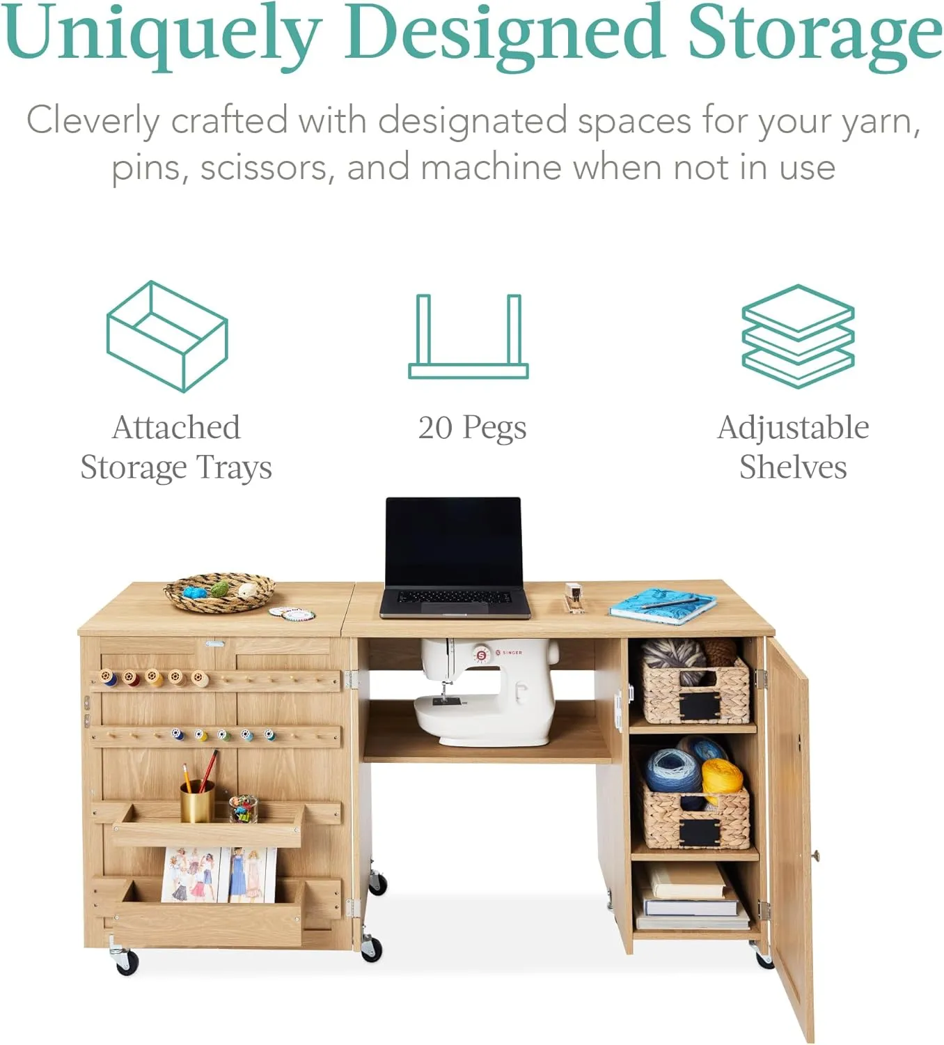 Best Choice Products Large Folding Sewing Table, Multipurpose Portable Craft Station & Side Desk w/Compact Design, Caster Wheels, Storage Shelves, 2 Storage Trays, Magnetic Doors - Light Brown