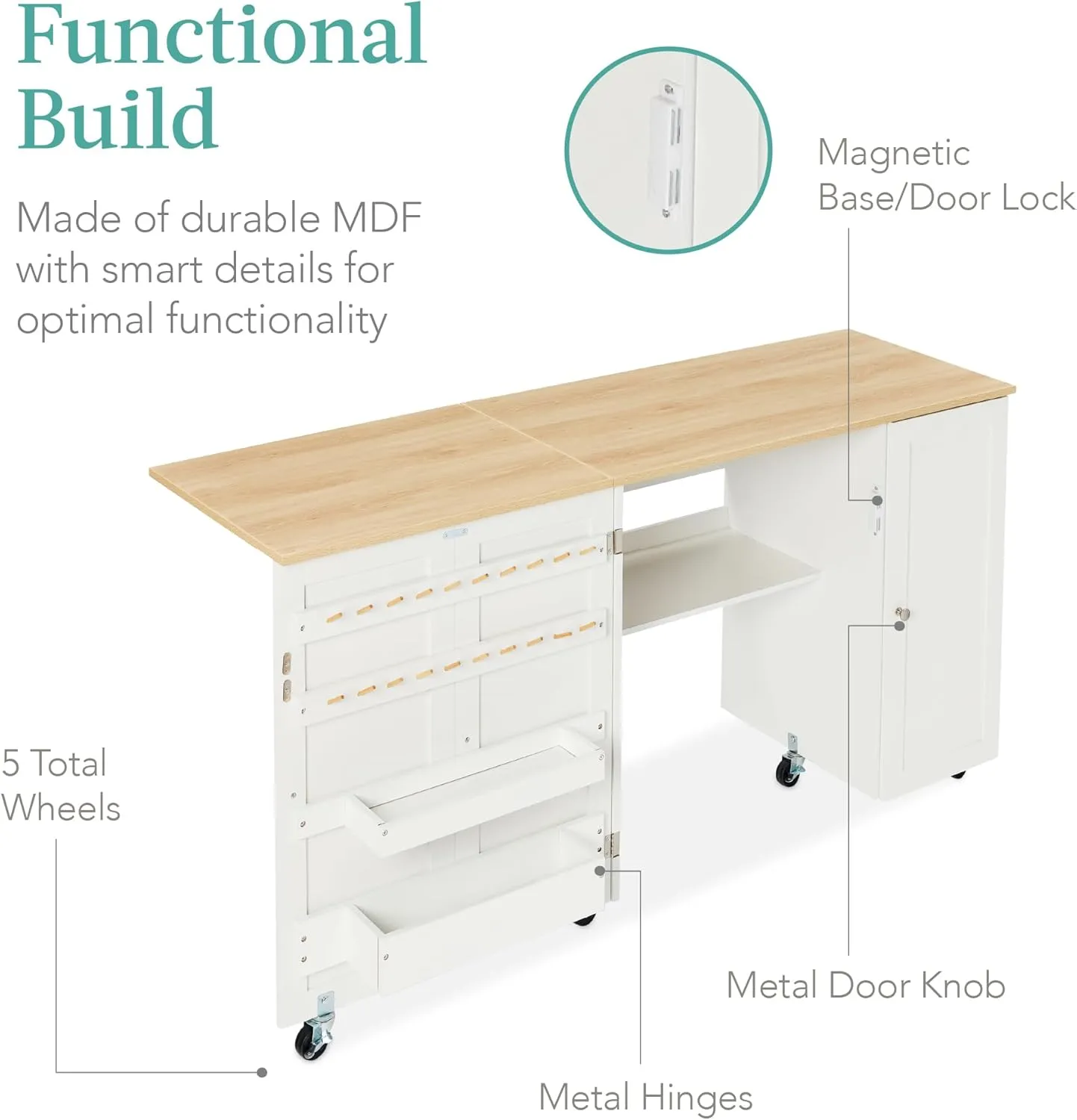 Best Choice Products Large Folding Sewing Table, Multipurpose Portable Craft Station & Side Desk w/Compact Design, Caster Wheels, Storage Shelves, 2 Storage Trays, Magnetic Doors - Natural/White