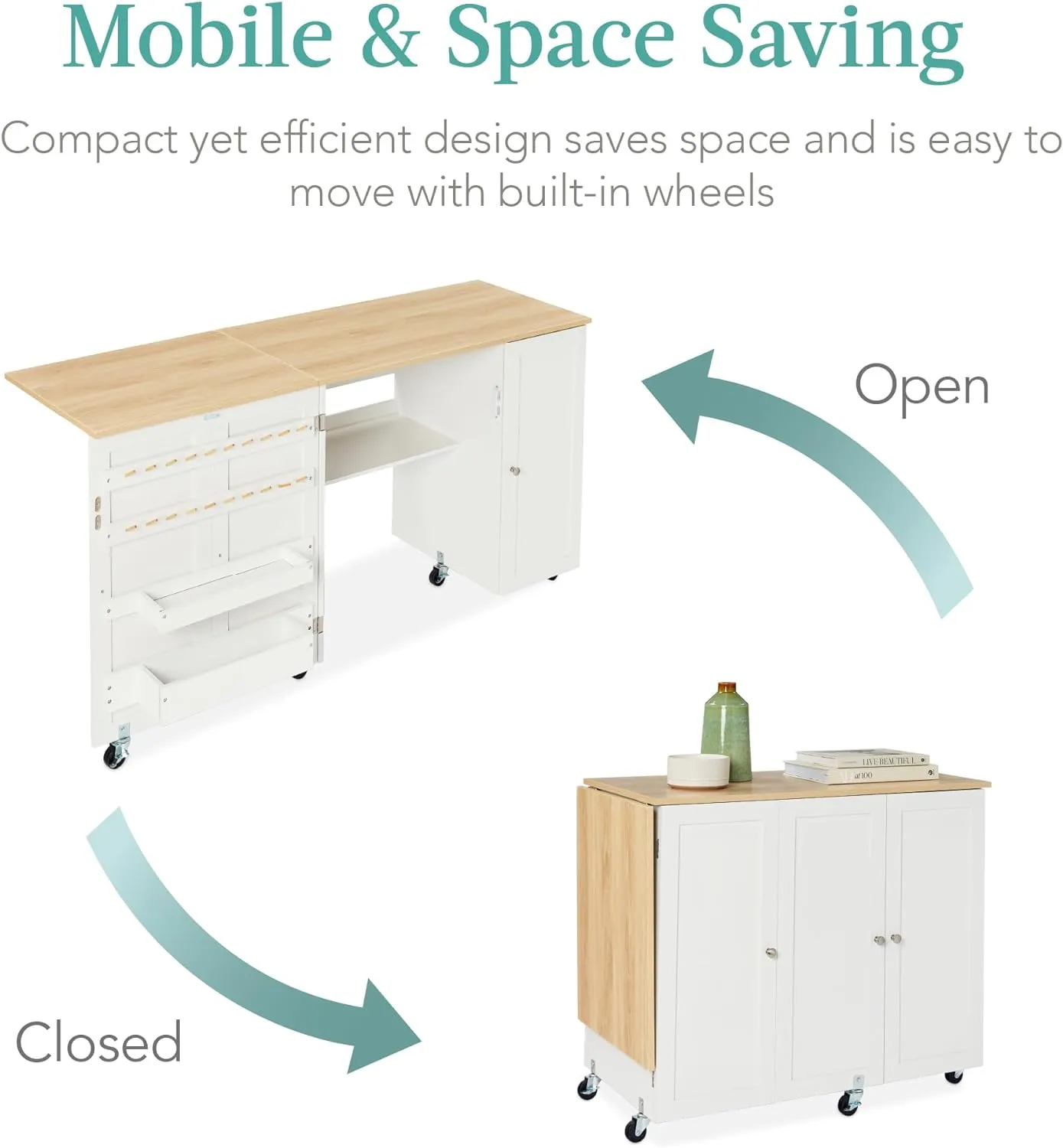 Best Choice Products Large Folding Sewing Table, Multipurpose Portable Craft Station & Side Desk w/Compact Design, Caster Wheels, Storage Shelves, 2 Storage Trays, Magnetic Doors - Natural/White